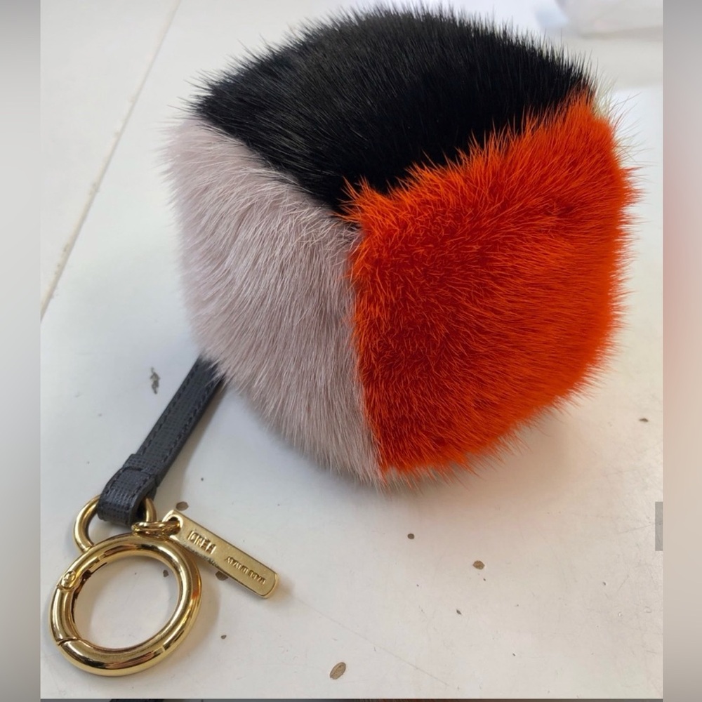 Good Condition FENDI Pompom Charm Fur Square Dice